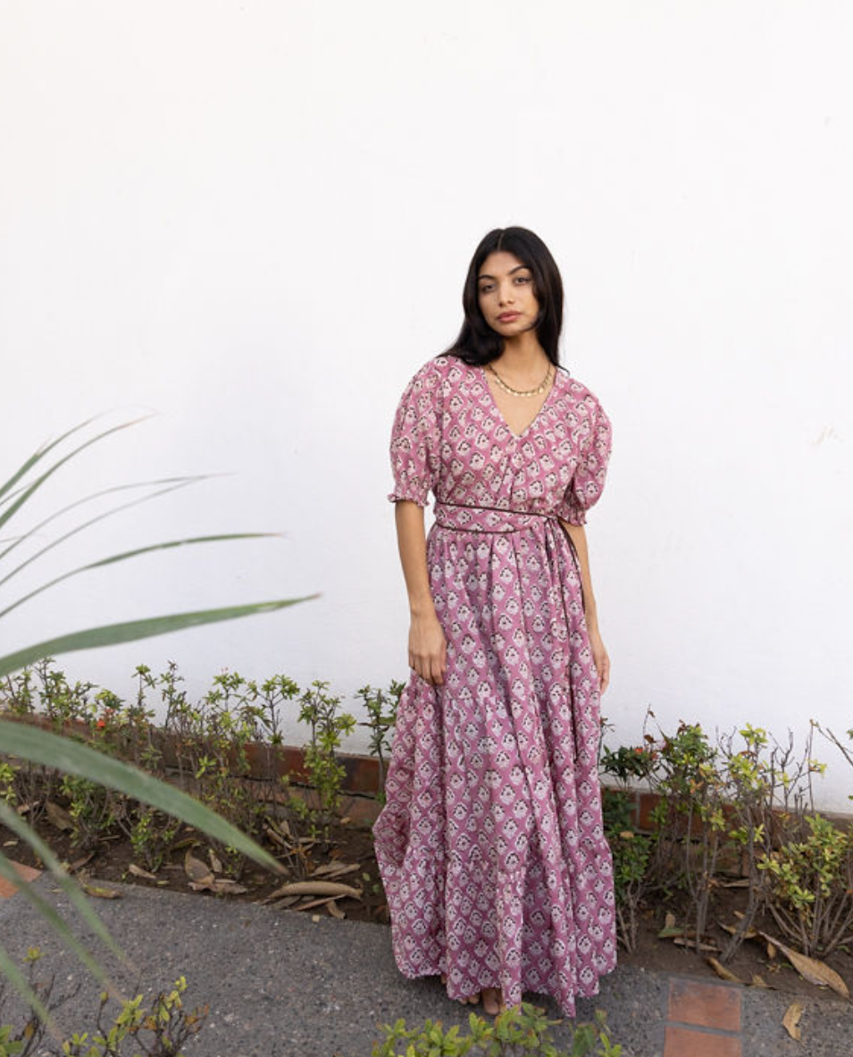 Imara Block Printed Cotton Maxi Dress in Rose