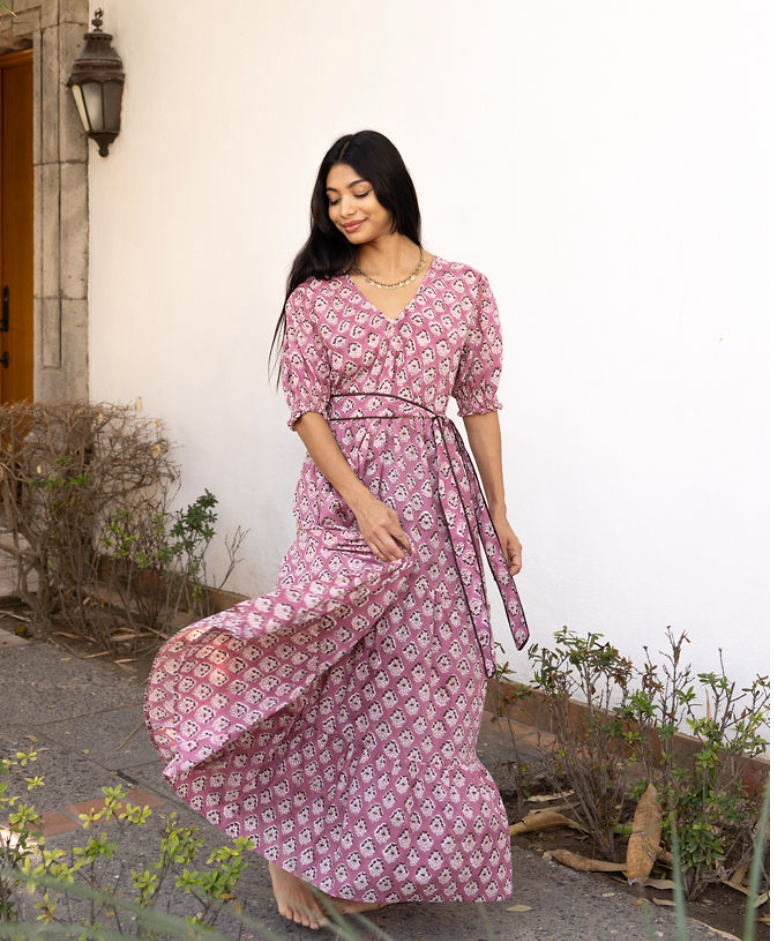 Imara Block Printed Cotton Maxi Dress in Rose