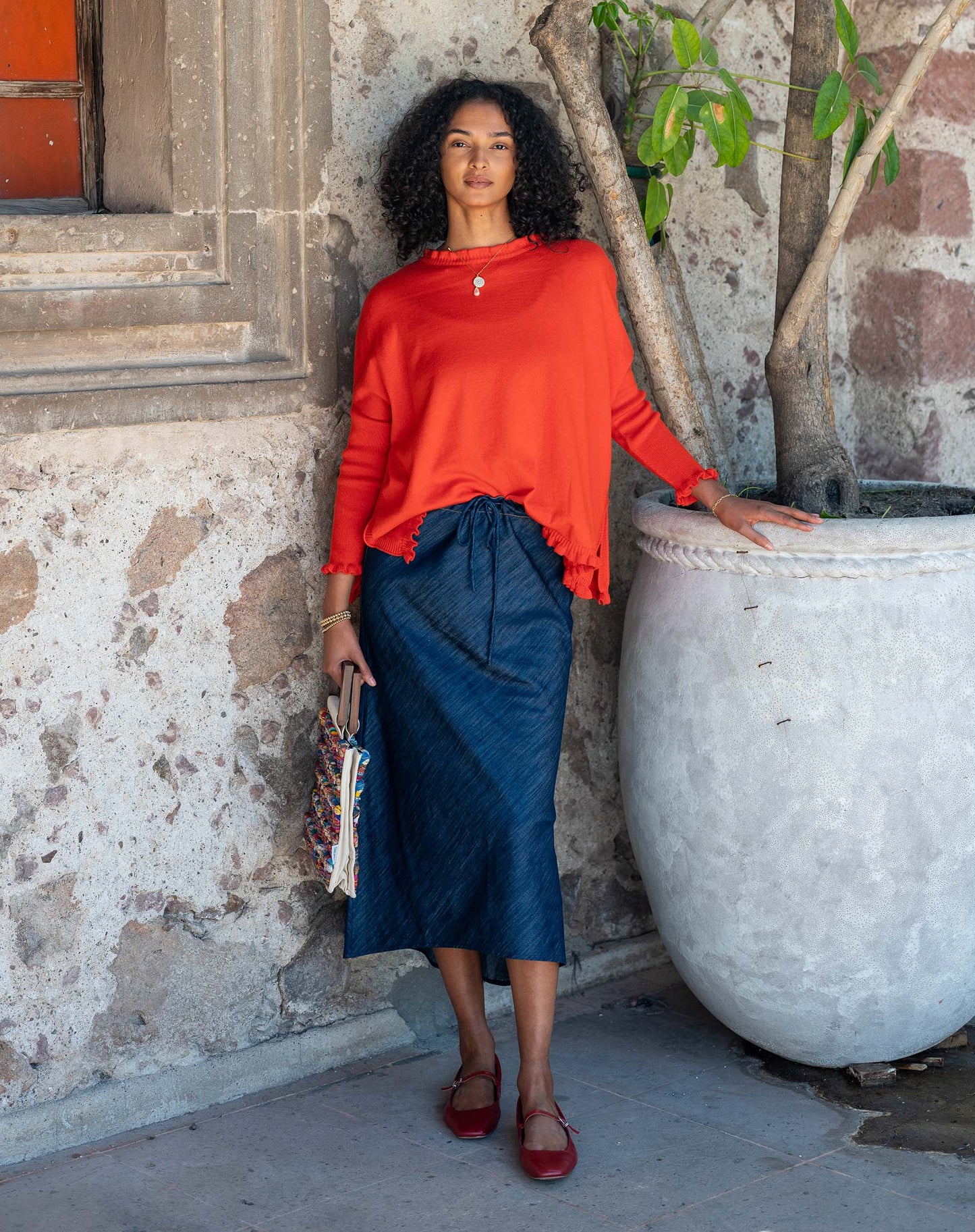 Catalina Cotton Ruffle Sweater in Desert Red