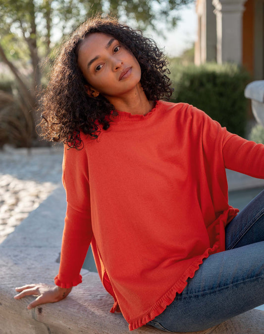 Catalina Cotton Ruffle Sweater in Desert Red