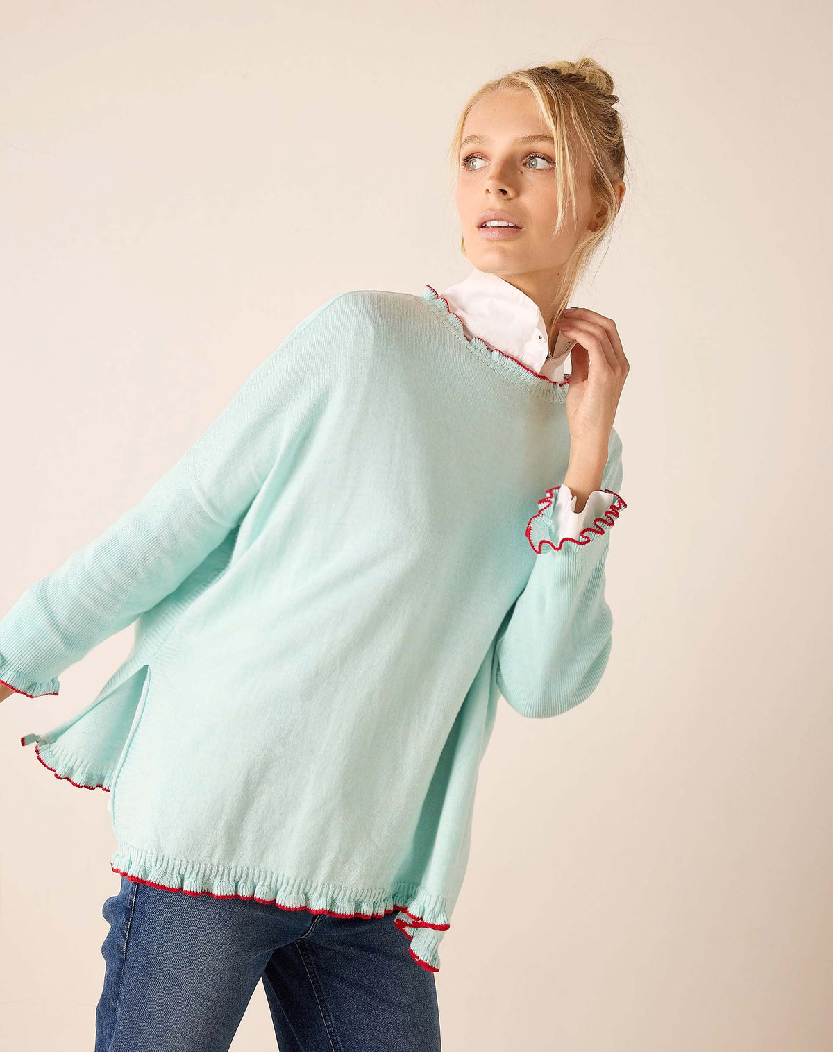 Catalina Cotton Ruffle Sweater in Icicle/Crimson