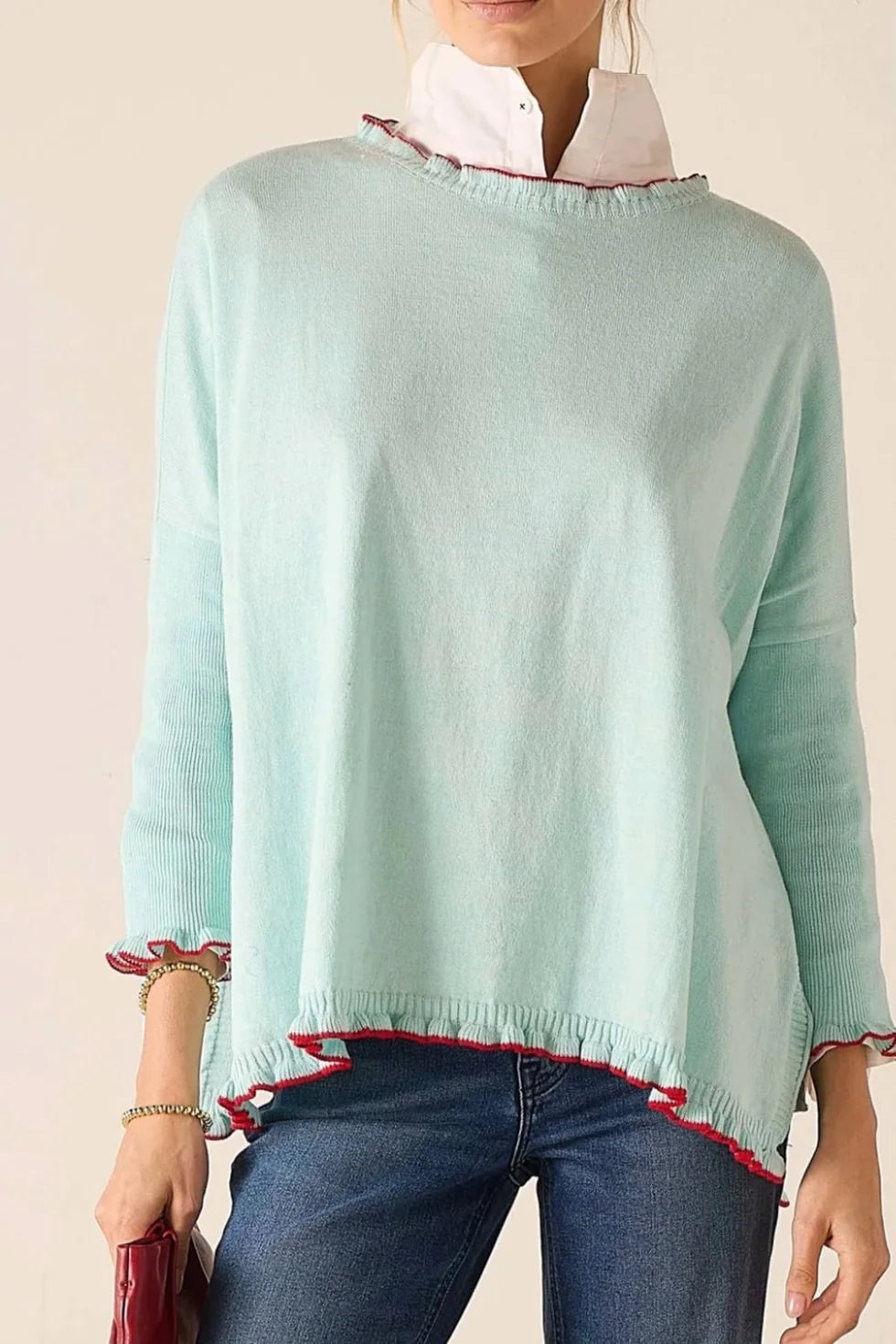 Catalina Cotton Ruffle Sweater in Icicle/Crimson