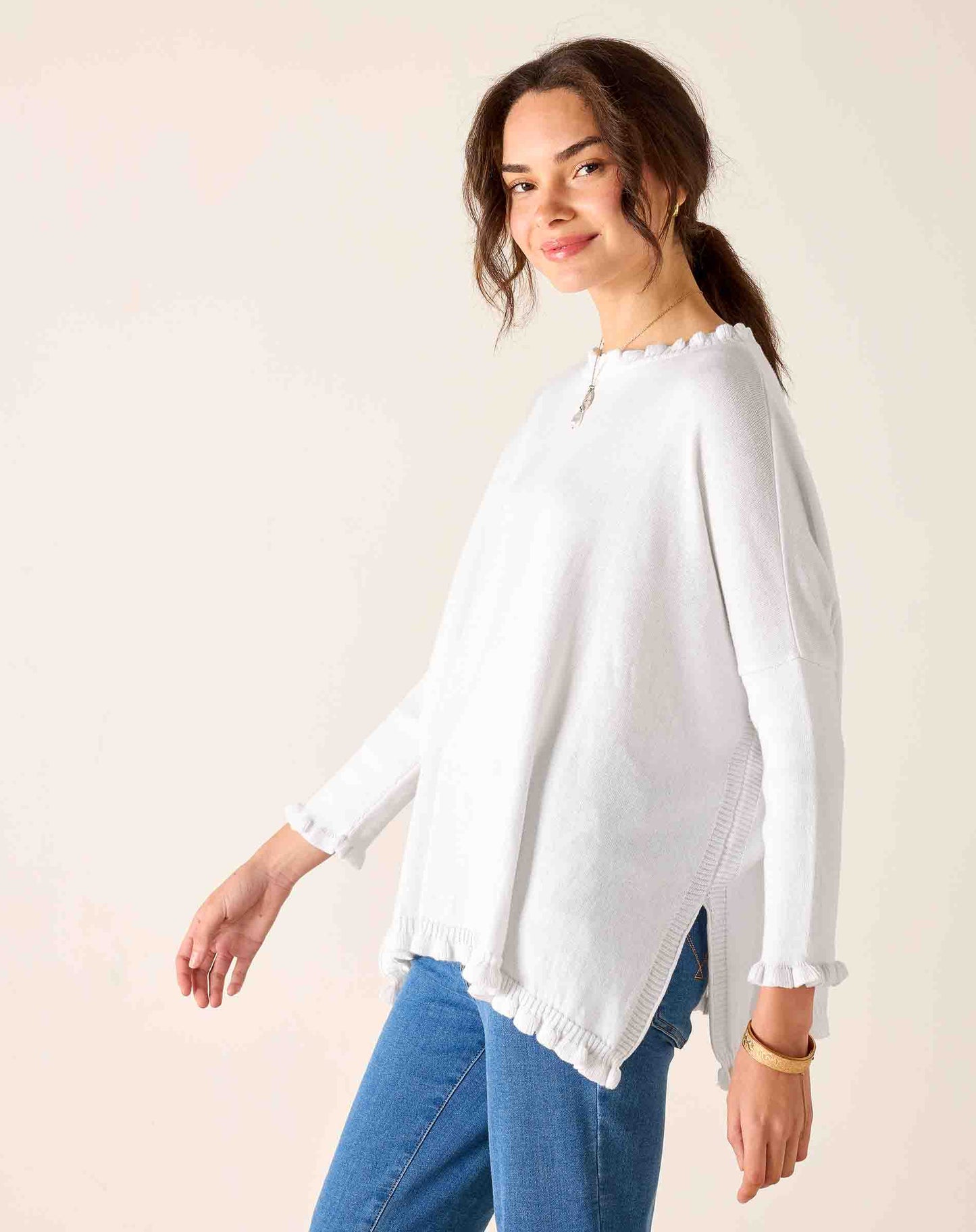 Catalina Cotton Ruffle Sweater in White