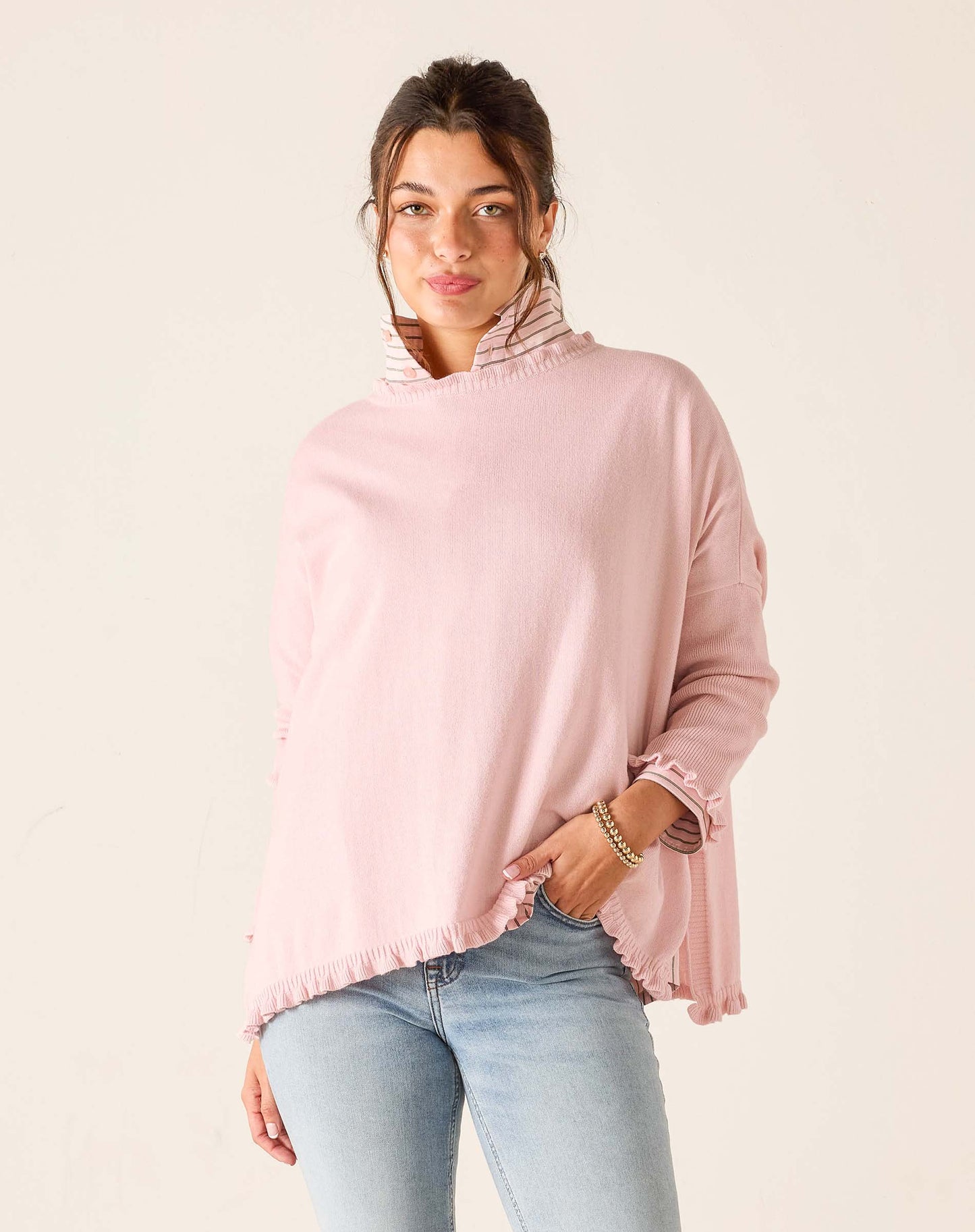 Catalina Cotton Ruffle Sweater in Rose Quartz