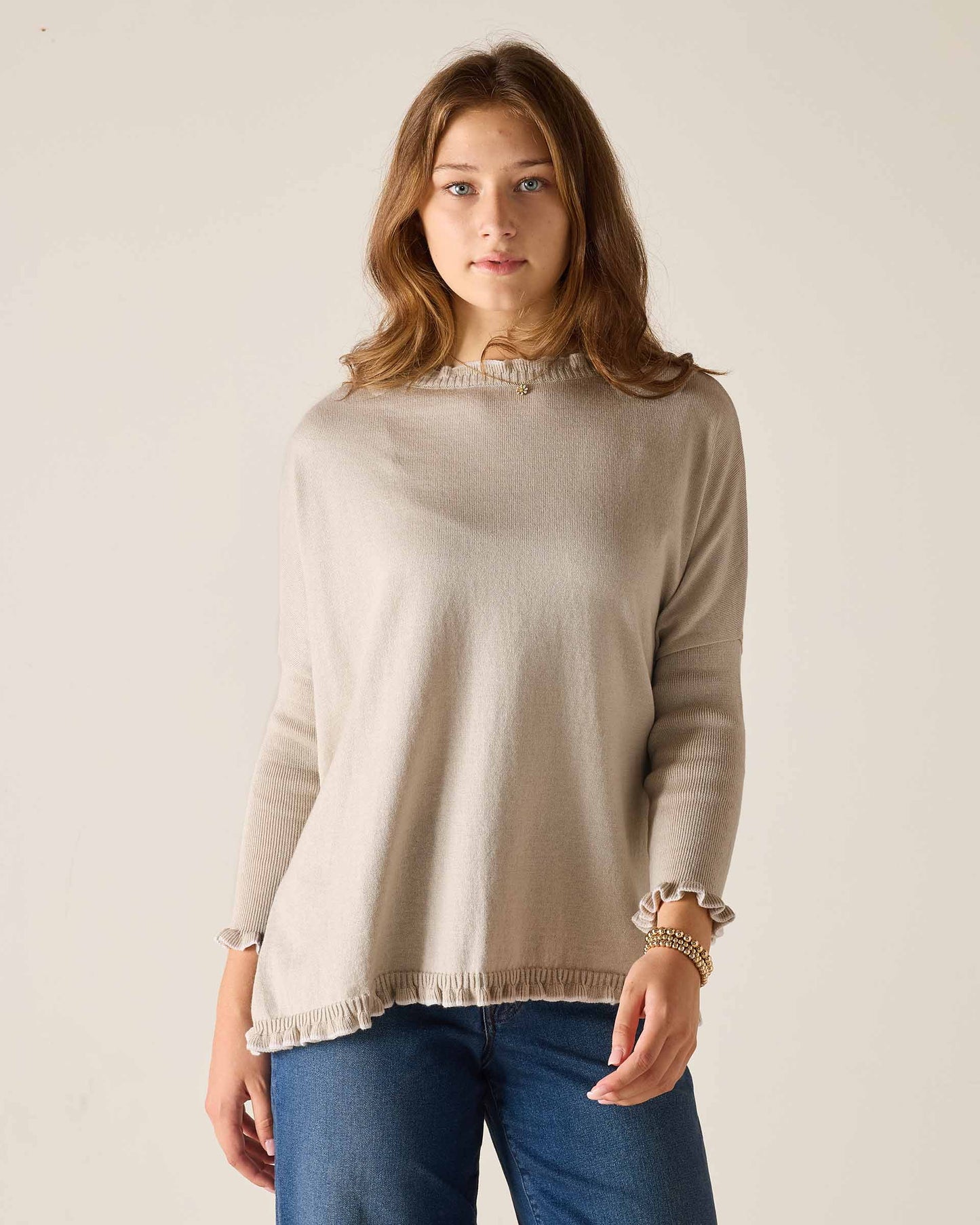 Catalina Cotton Ruffle Sweater in Stone & Cream