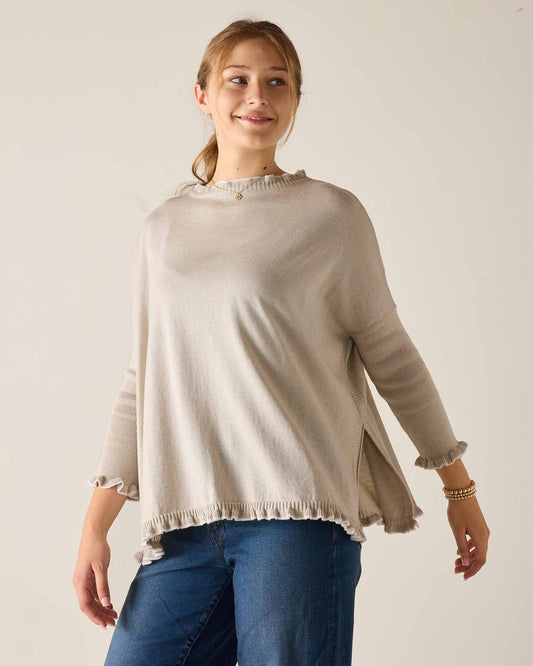 Catalina Cotton Ruffle Sweater in Stone & Cream