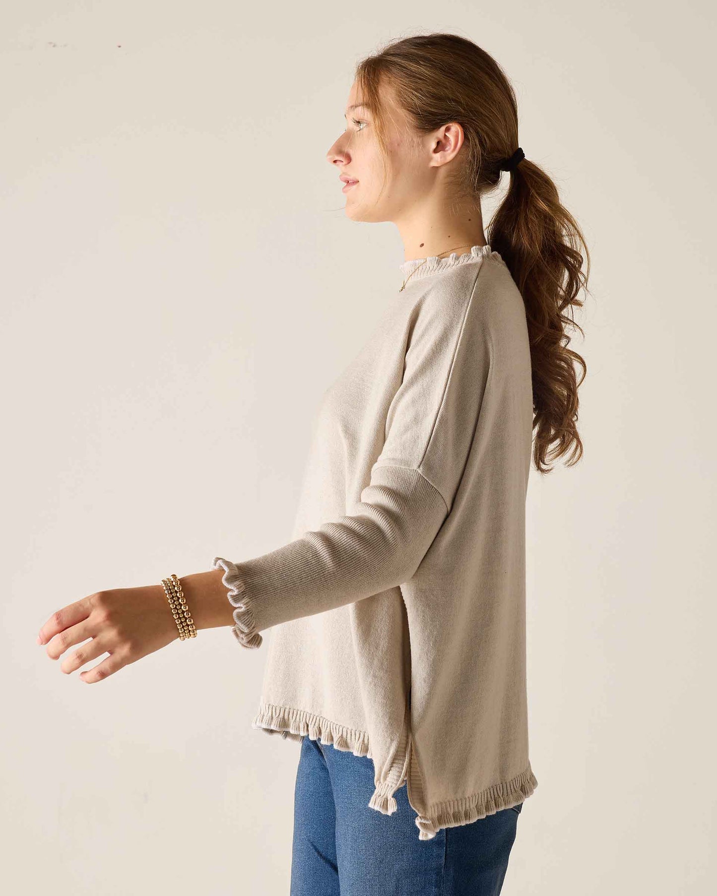 Catalina Cotton Ruffle Sweater in Stone & Cream