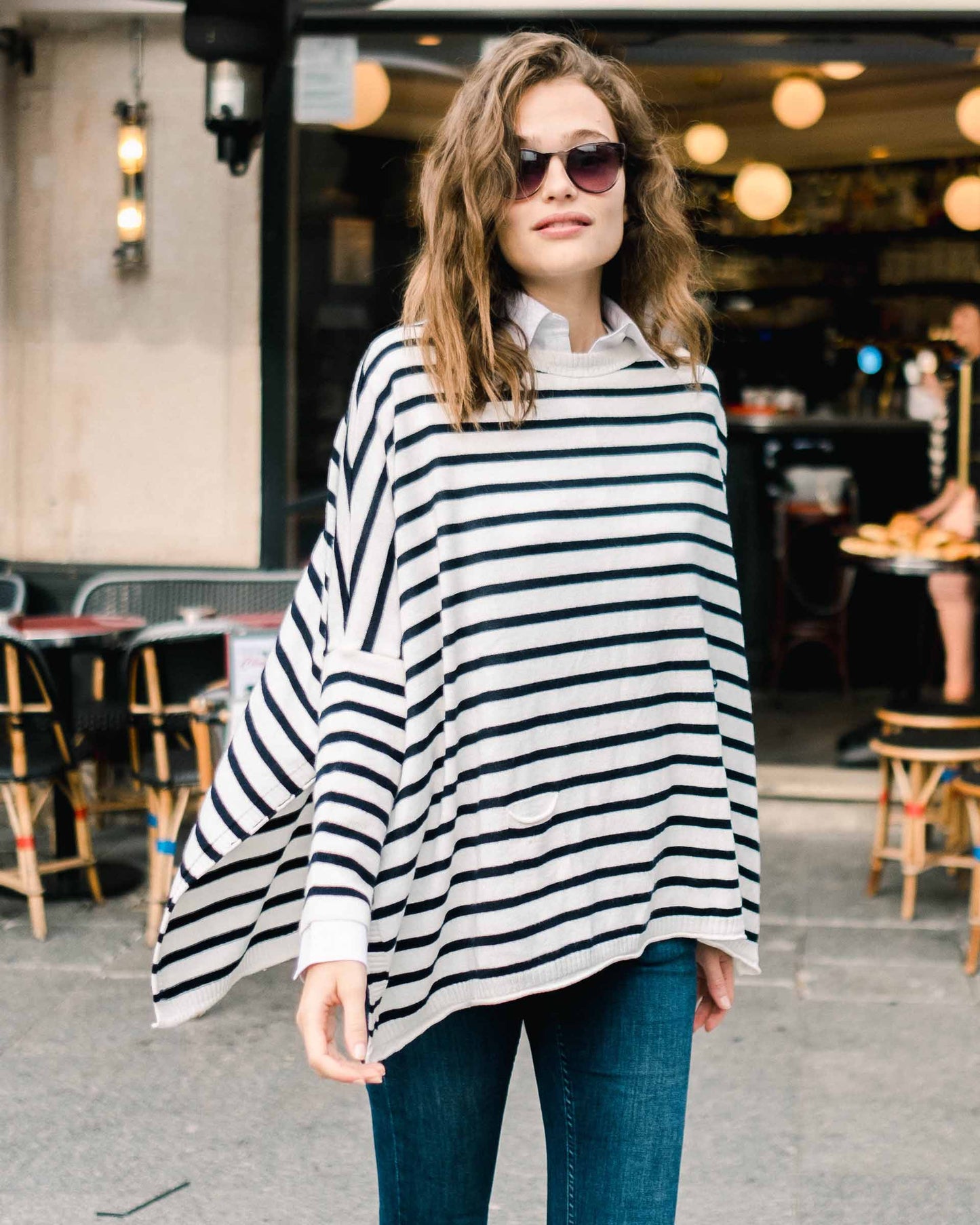 Catalina Crewneck Sweater in White and Navy Stripe