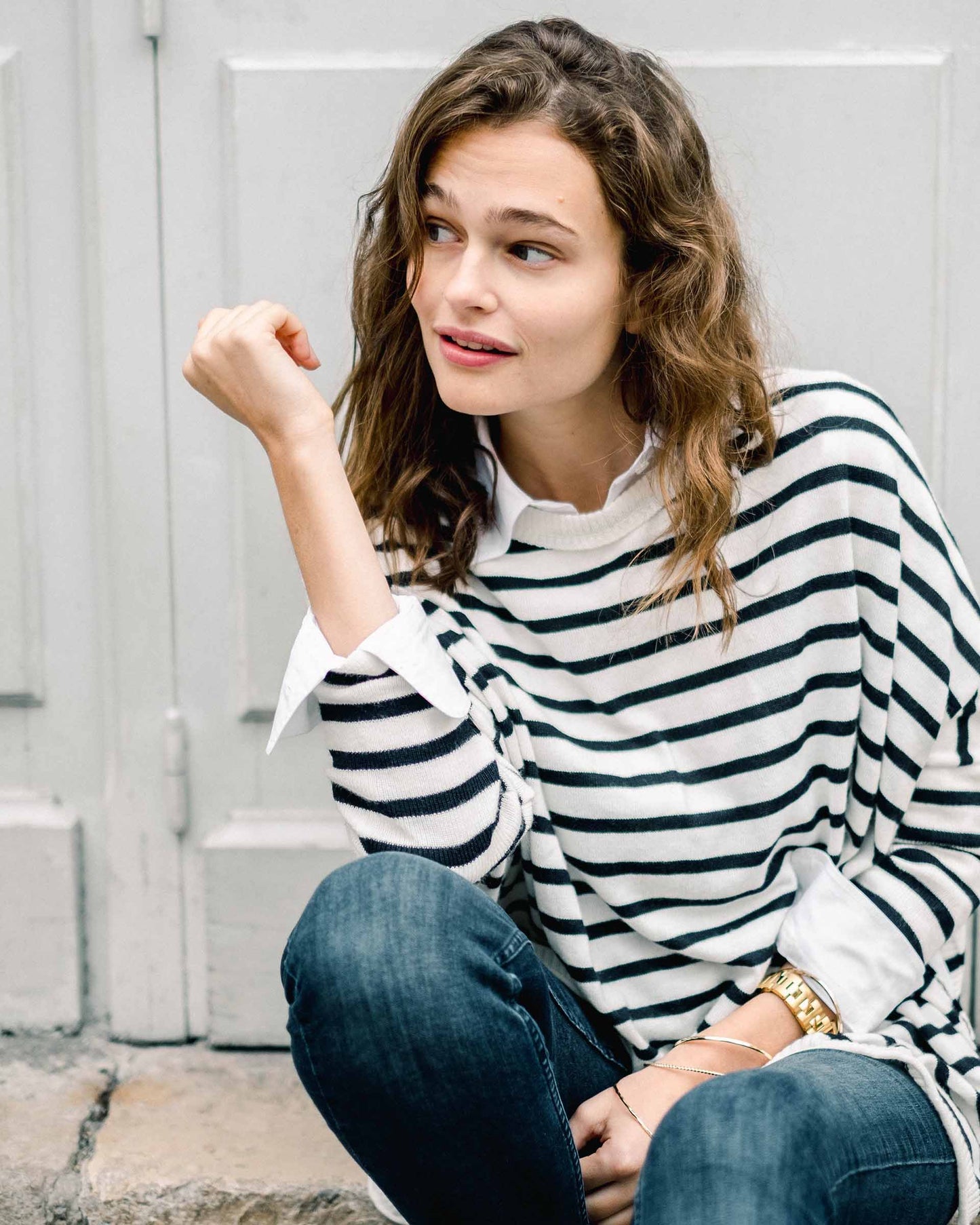 Catalina Crewneck Sweater in White and Navy Stripe