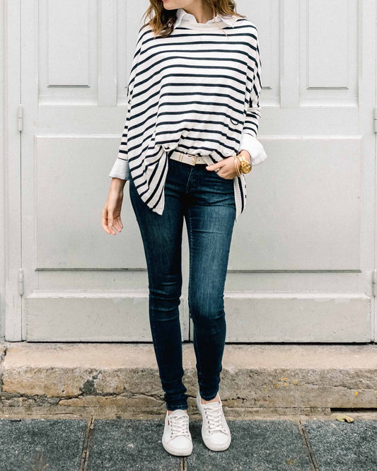 Catalina Crewneck Sweater in White and Navy Stripe