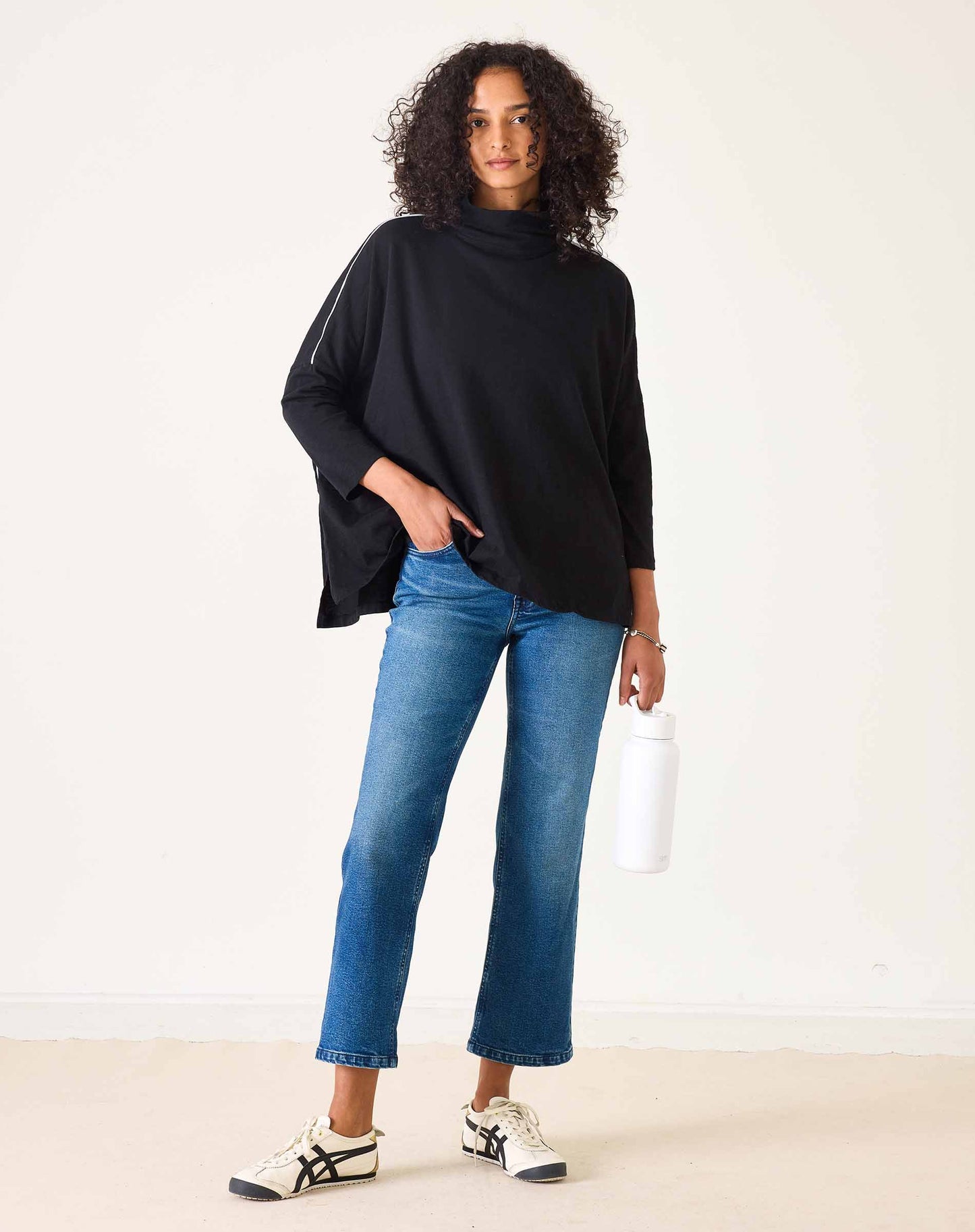 Catalina Turtleneck Tee in Black with Piping