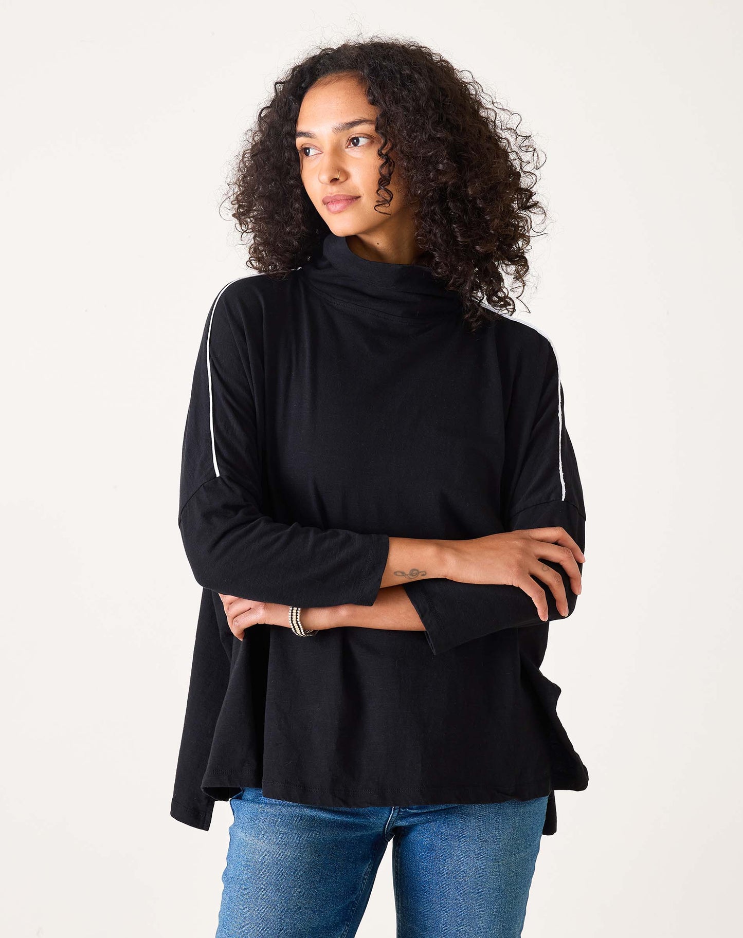 Catalina Turtleneck Tee in Black with Piping