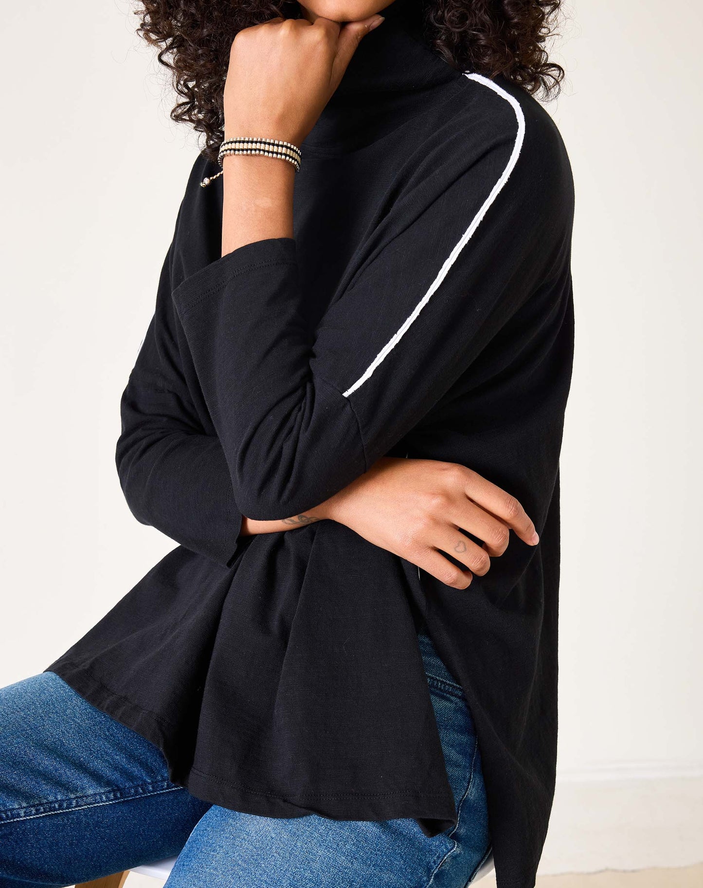 Catalina Turtleneck Tee in Black with Piping