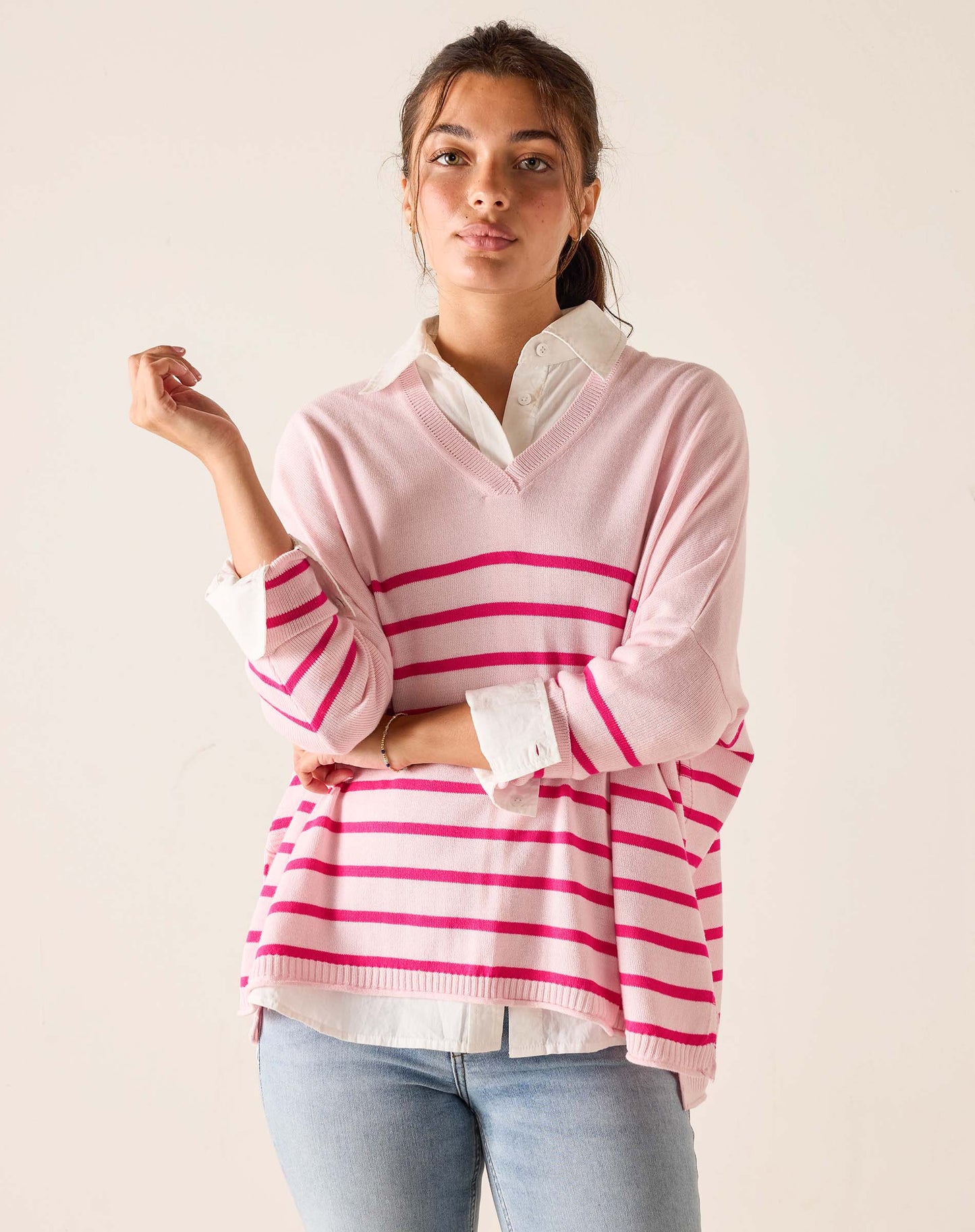 Catalina V-Neck Sweater in Blush + Lipstick Stripe