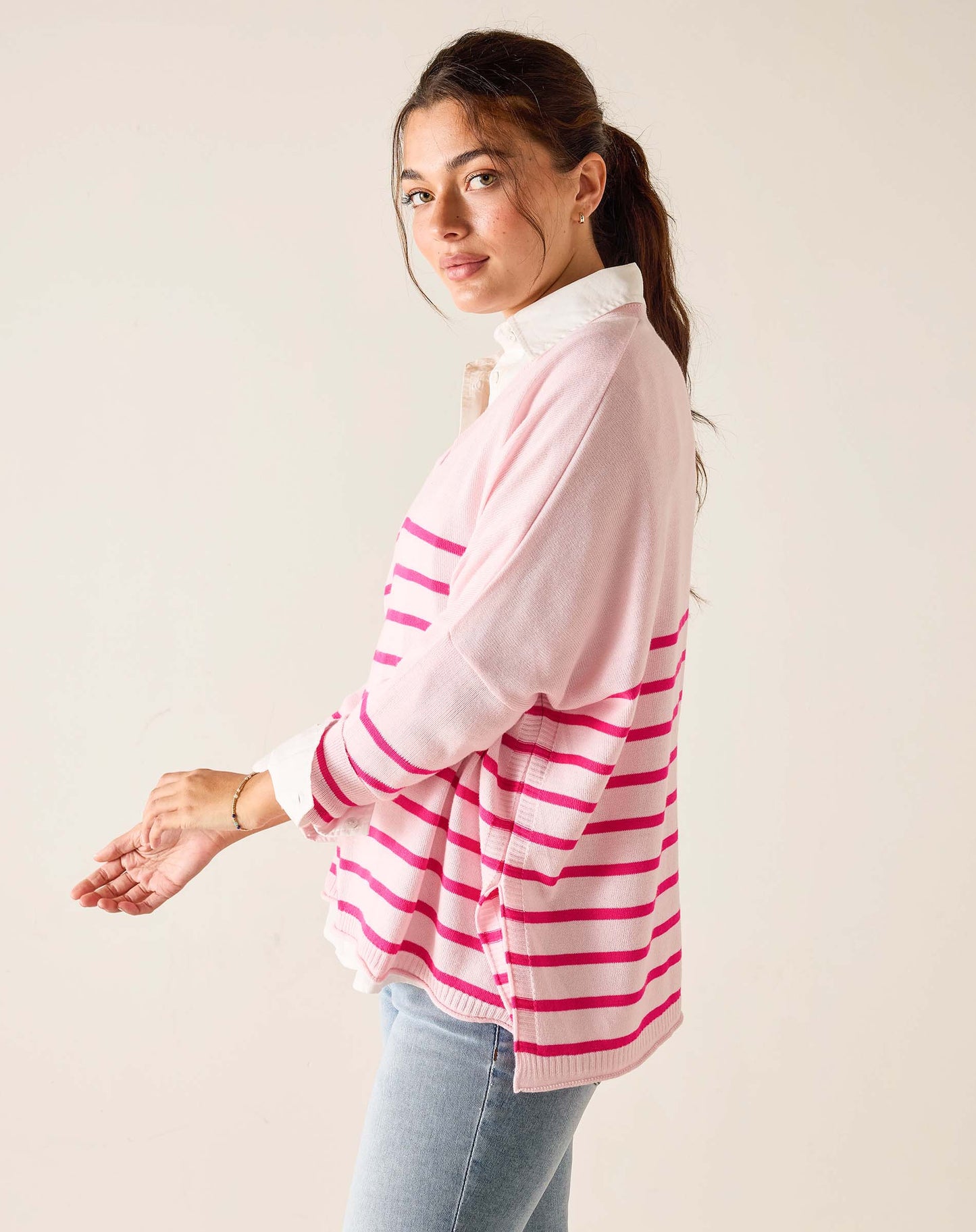 Catalina V-Neck Sweater in Blush + Lipstick Stripe