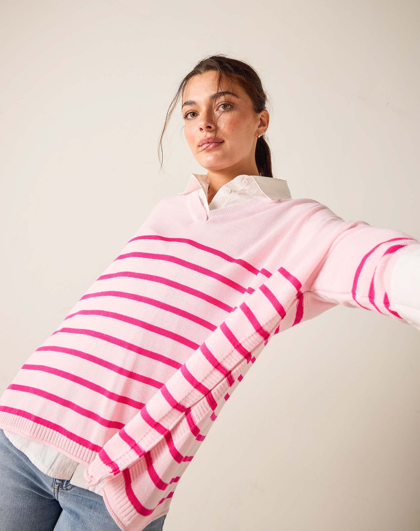 Catalina V-Neck Sweater in Blush + Lipstick Stripe