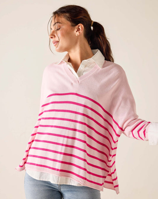 Catalina V-Neck Sweater in Blush + Lipstick Stripe
