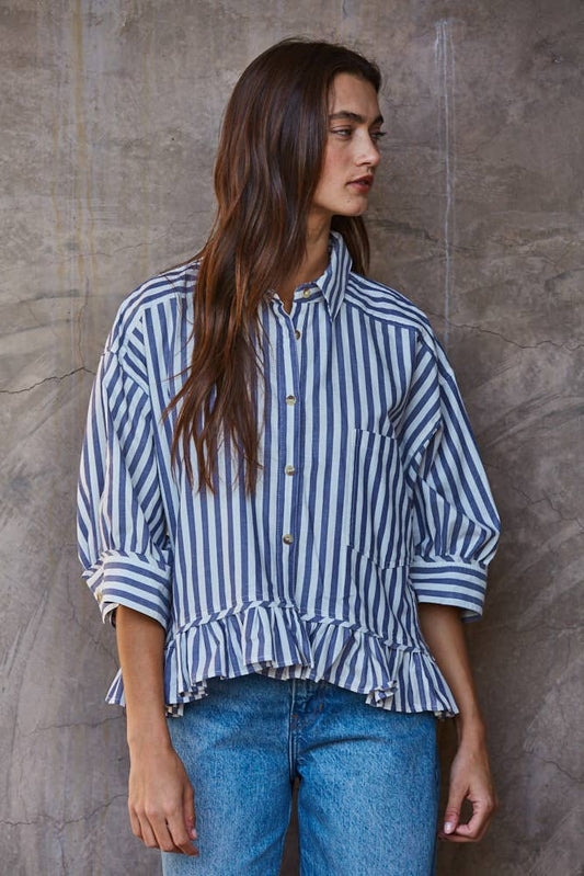 Ruffle Hem Striped Buttondown Shirt in Blue