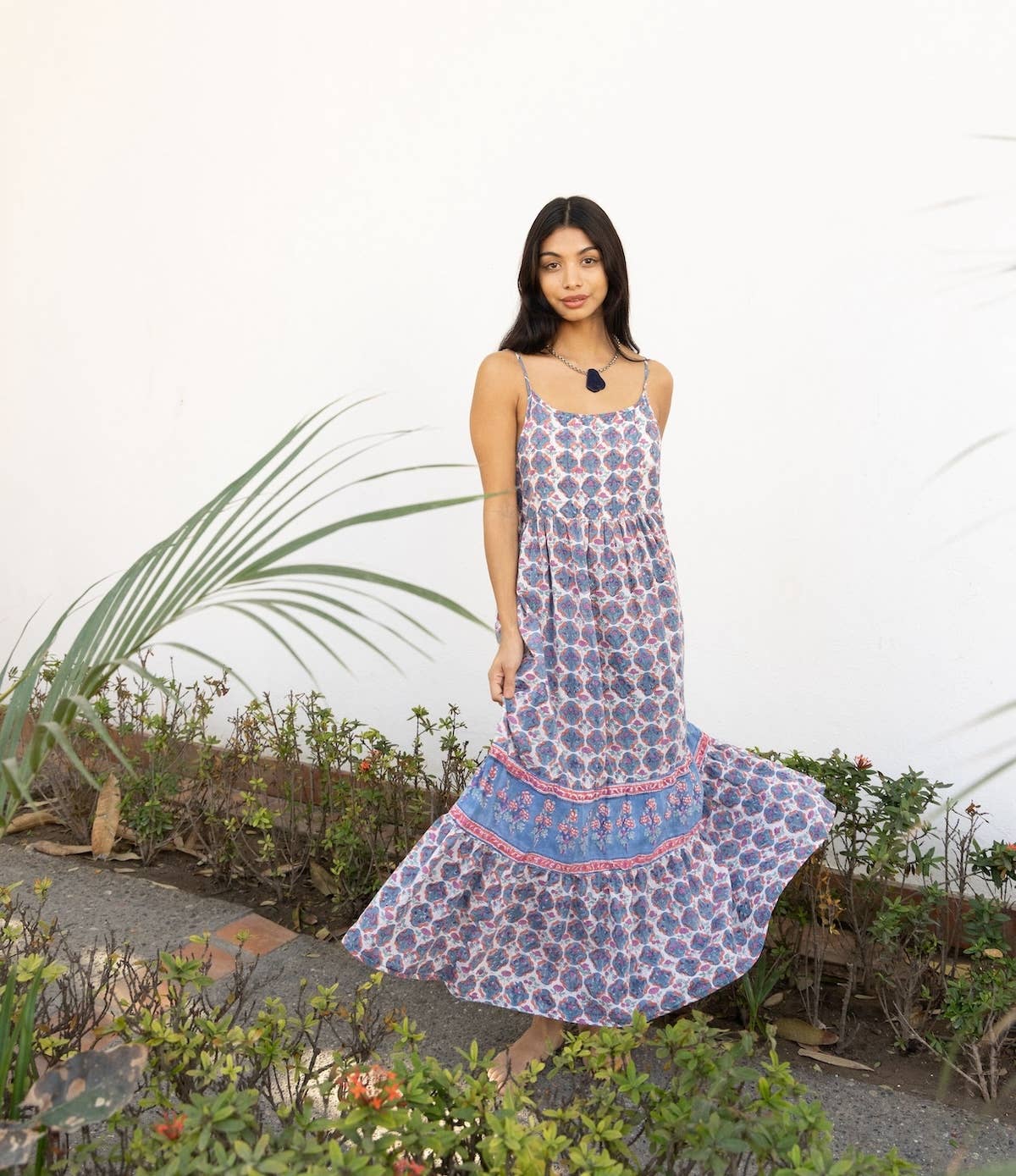 Somara Block Printed Cotton Maxi Sundress in Floral
