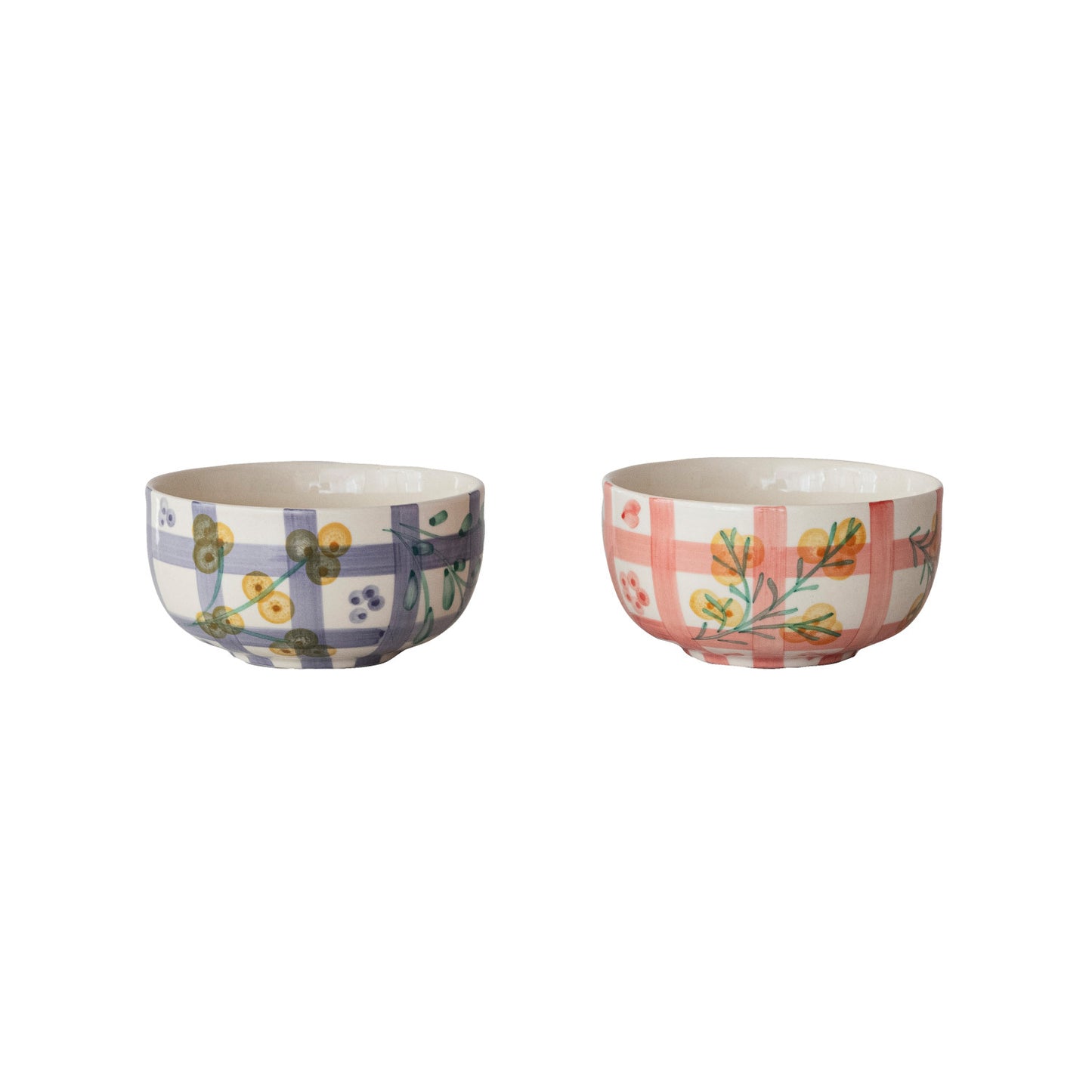 Hand-Painted Stoneware Bowl with Grid Pattern and Botanicals