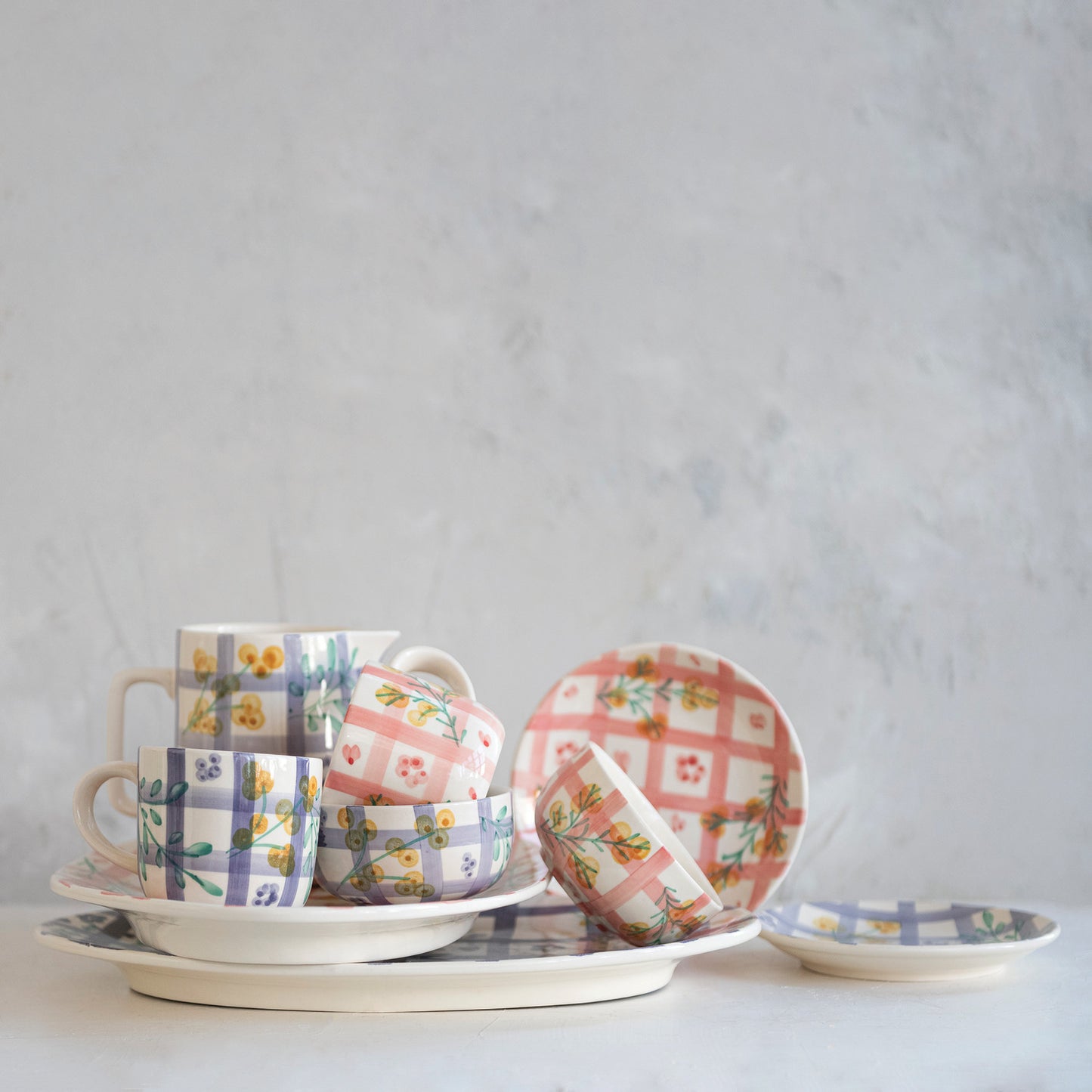 Hand-Painted Stoneware Bowl with Grid Pattern and Botanicals