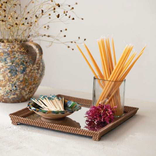 Square Resin Mirrored Tray with Woven Design