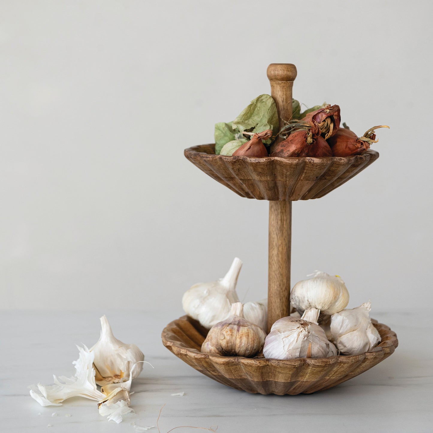 Carved Mango Wood Scalloped Two-Tier Tray