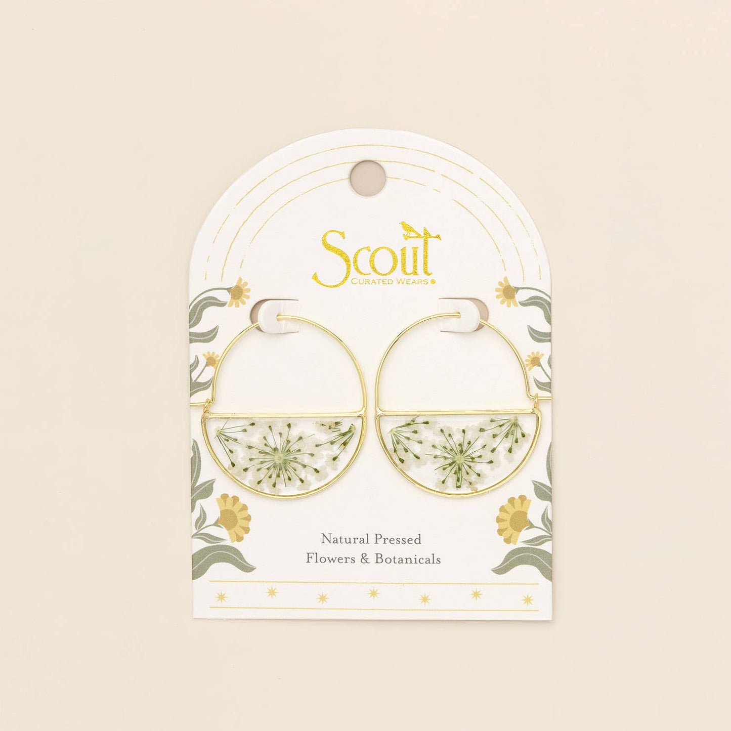 Pressed Flower Hoop Earring - White Lace Flower/Gold