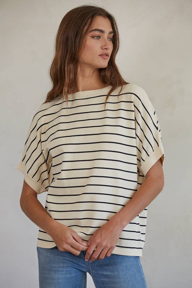 Knit Sweater Stripped Crew Neck Top in Cream Black
