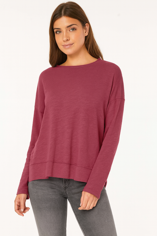 Long Sleeve Crew Neck Boxy Top in Zinfandel