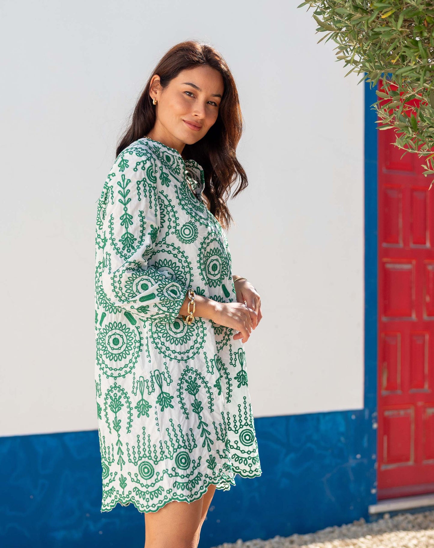 Edie Embroidered Tunic Dress in Palm Green