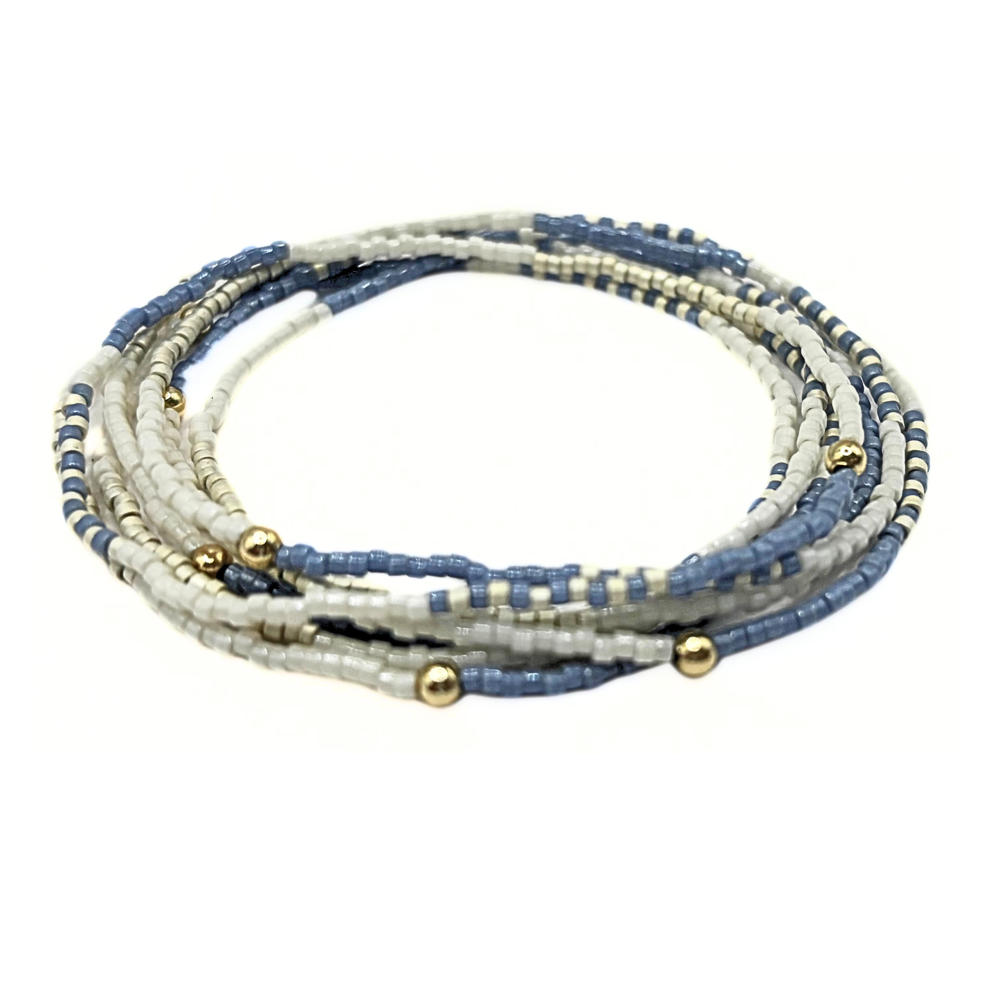 Maui in Steel Blue & Champagne 7 Stack Beaded Bracelet: Steel Blue, Cotton & Champagne