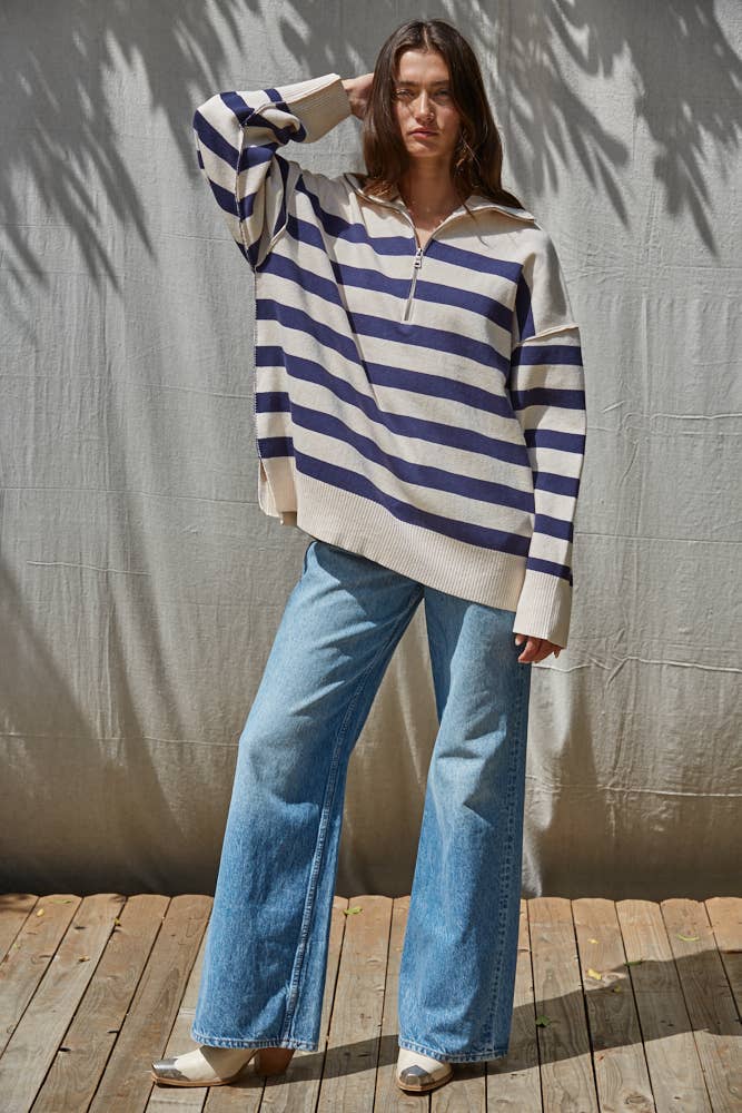 Striped Quarter Zip Mock Neck Sweater in Navy