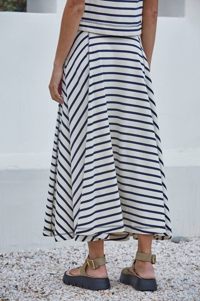 The Stripe Knit Midi Skirt in Cream & Navy
