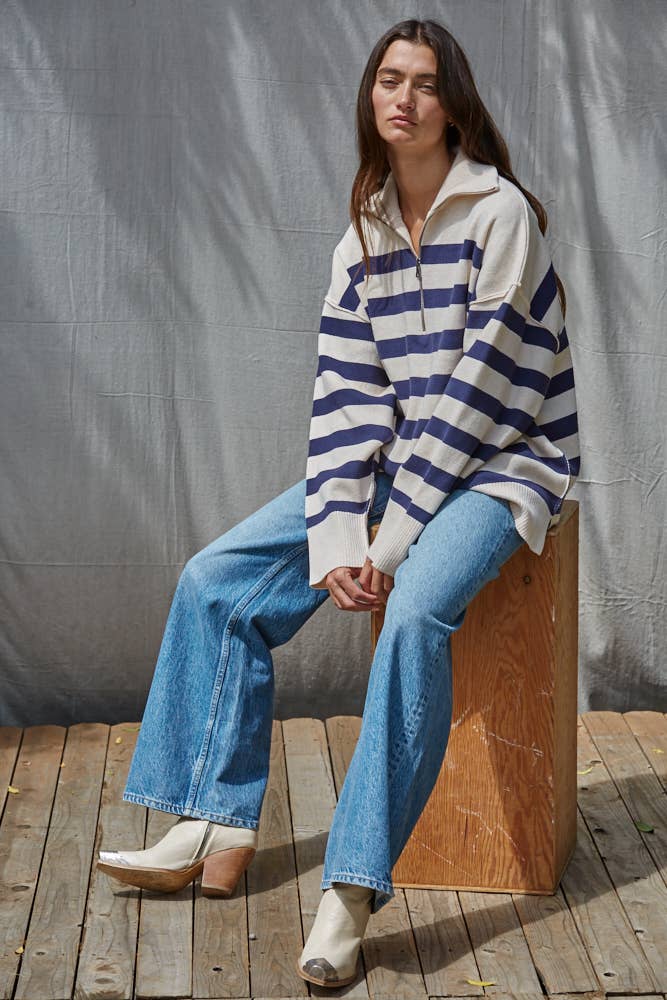 Striped Quarter Zip Mock Neck Sweater in Navy
