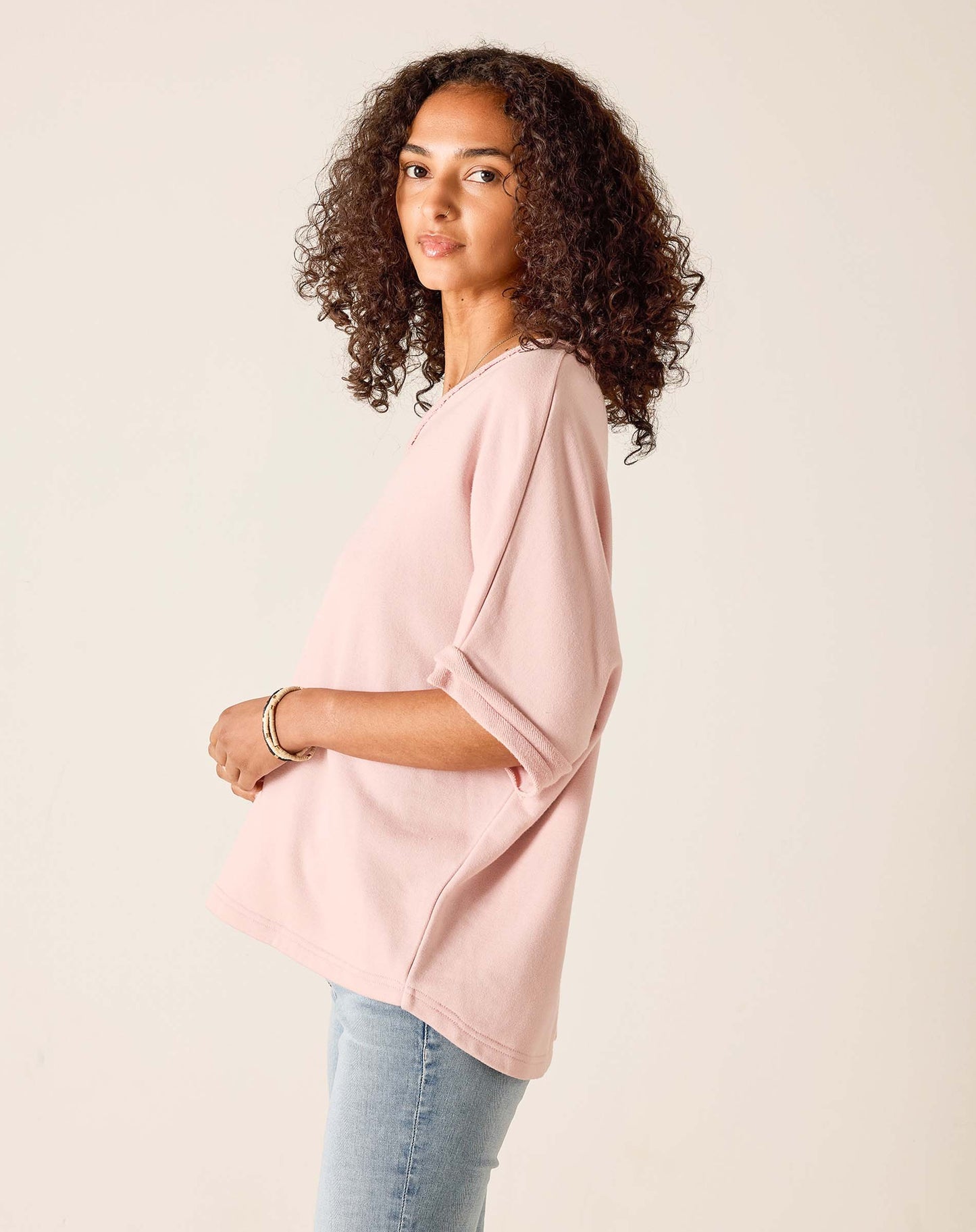 Frenchie Raw Edge V-Neck Sweatshirt in Mineral Pink