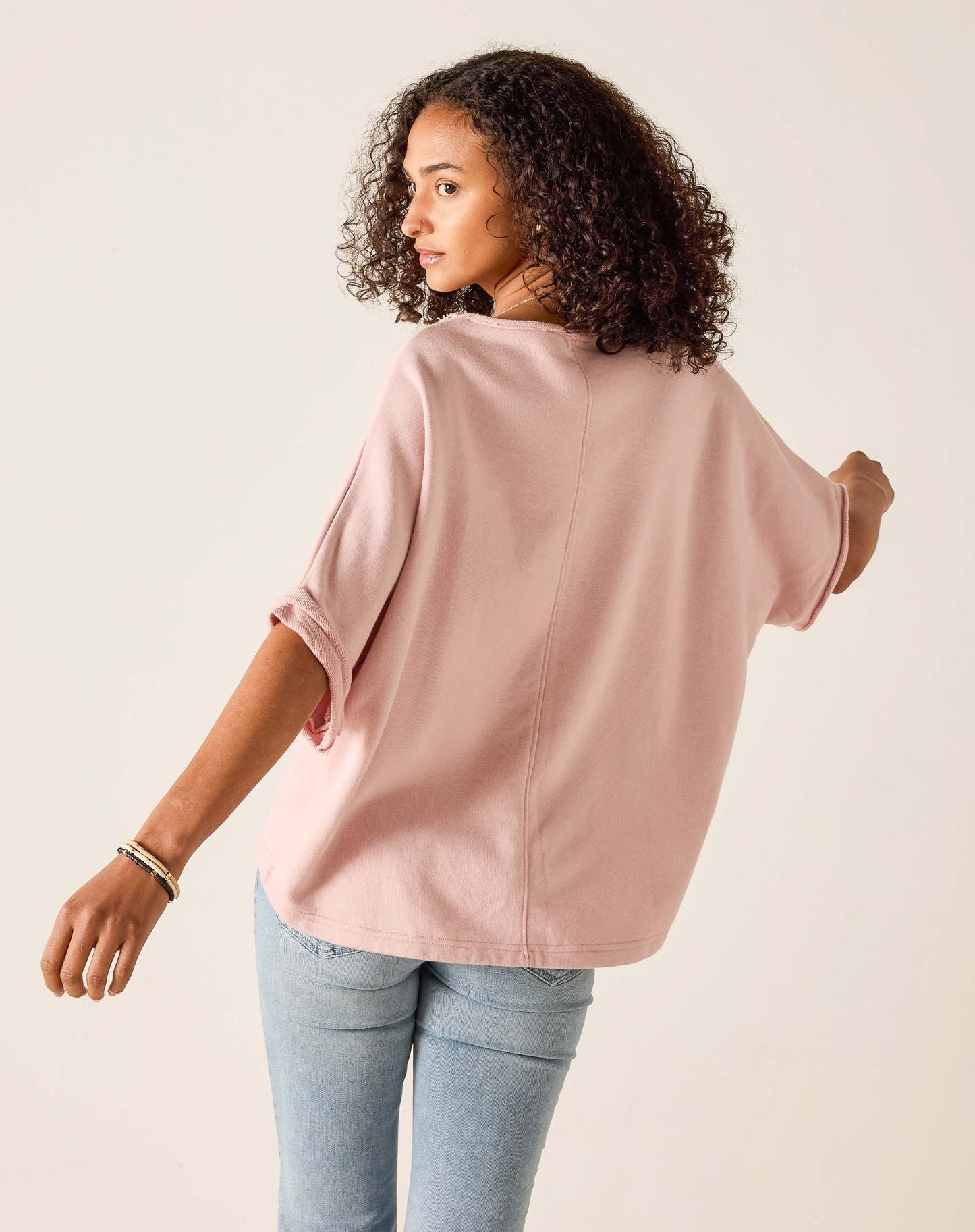 Frenchie Raw Edge V-Neck Sweatshirt in Mineral Pink