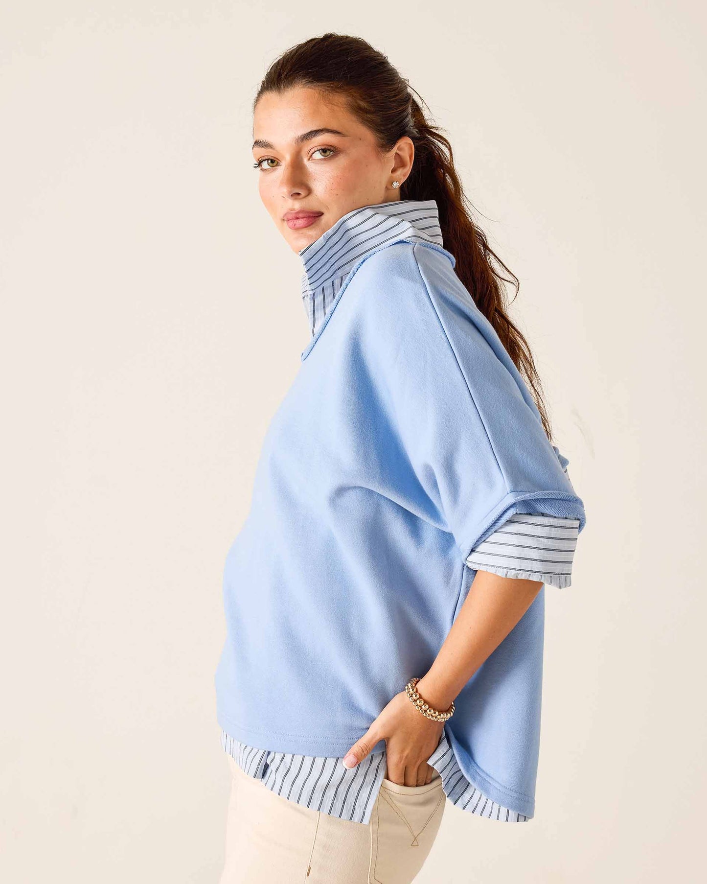 Frenchie Raw Edge V-Neck Sweatshirt in Periwinkle Blue
