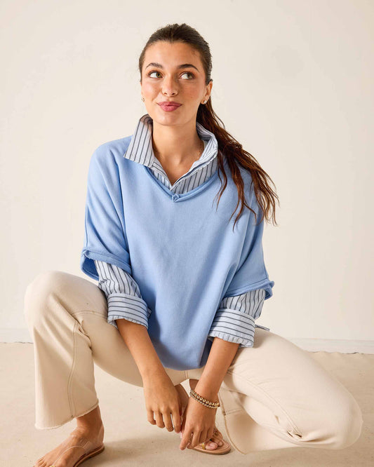 Frenchie Raw Edge V-Neck Sweatshirt in Periwinkle Blue