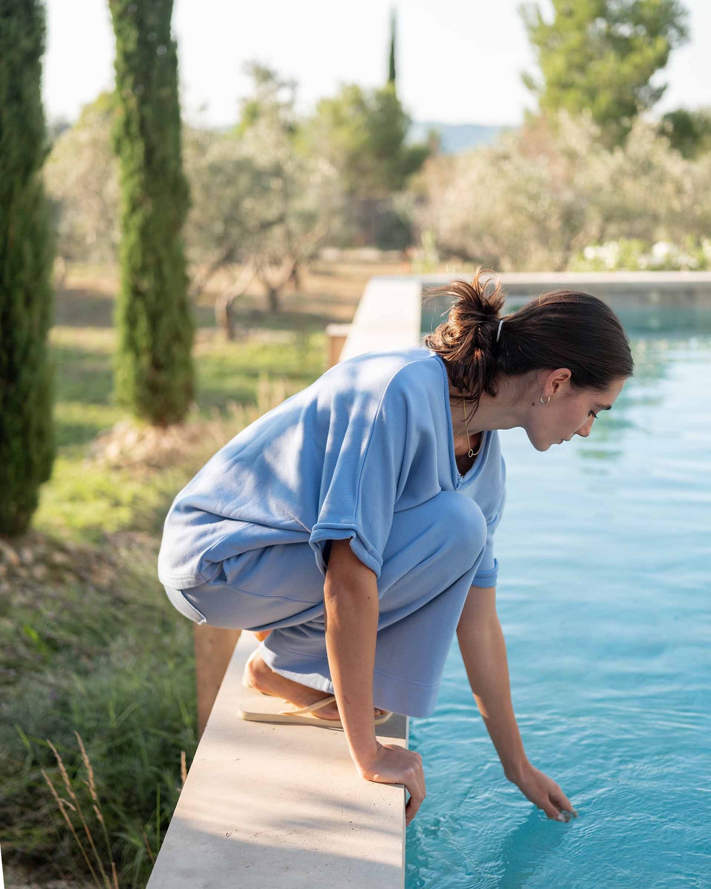 Frenchie Raw Edge V-Neck Sweatshirt in Periwinkle Blue