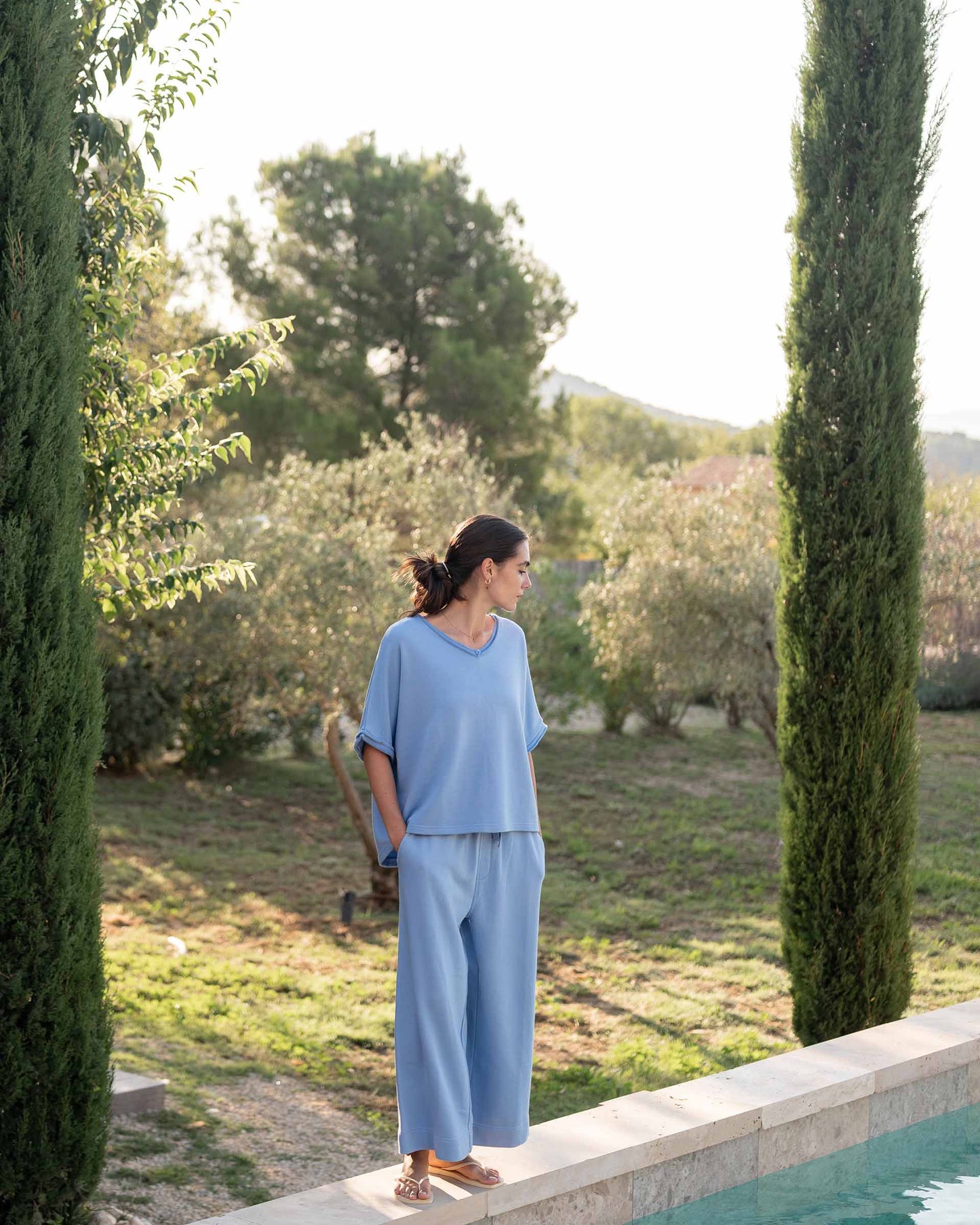 Frenchie Raw Edge V-Neck Sweatshirt in Periwinkle Blue