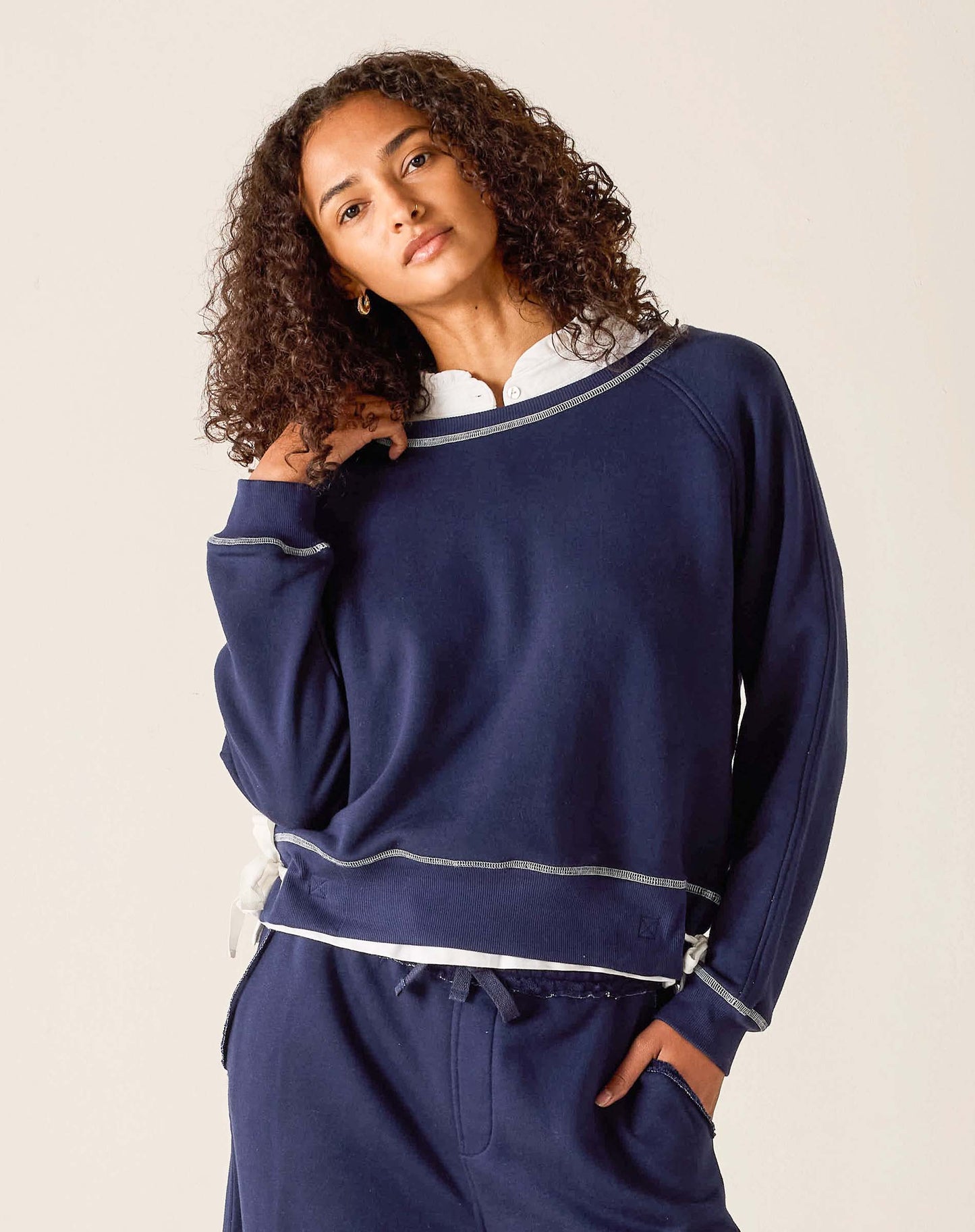 Frenchie Side Tie Crewneck in Cadet Blue