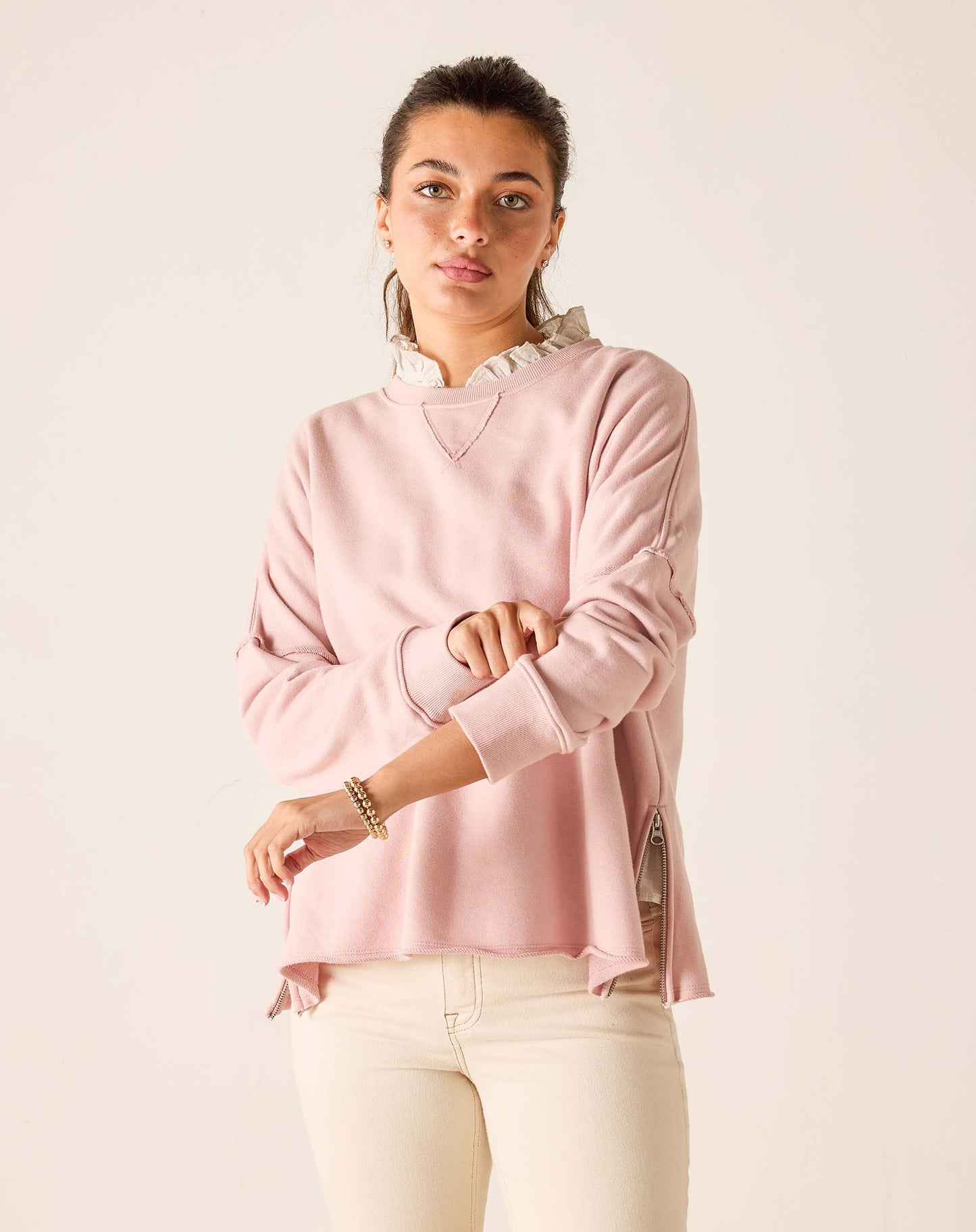 Frenchie Side Zip Crewneck in Mineral Pink