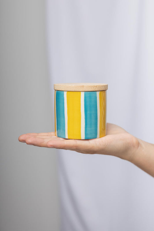 Storage Jar in Blue & Yellow Stripes - 7cm