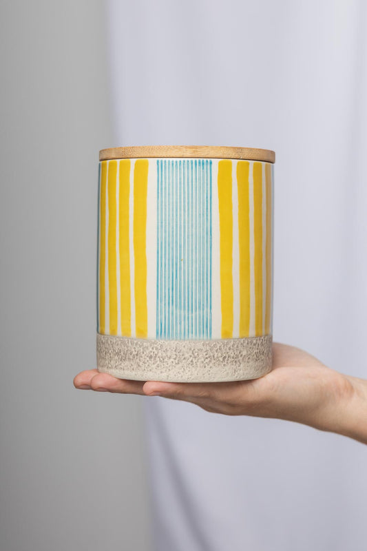 Storage Jar in Blue & Yellow Stripes - 11cm