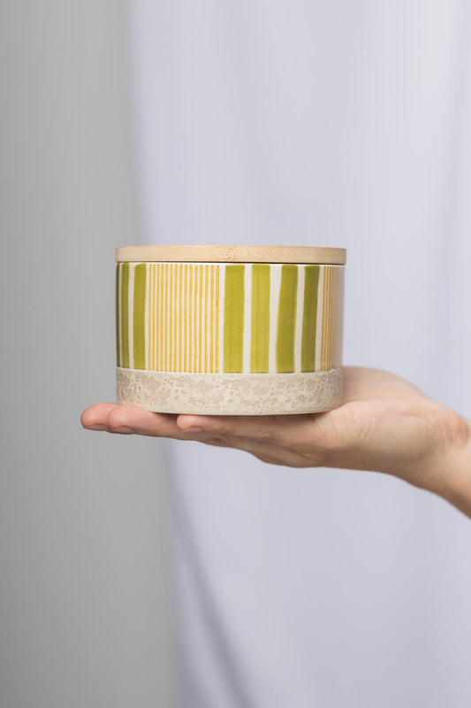 Storage Jar in Green & Yellow Stripes - 10 cm