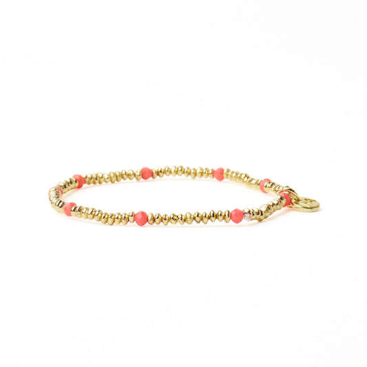 Ashley Small Brass + Crystal Stretch Bracelet in Coral + Gold by Ink & Alloy