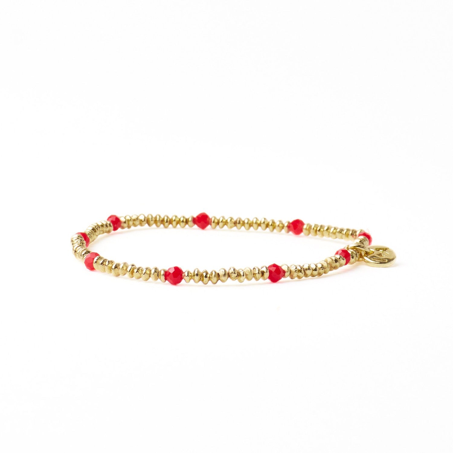Ashley Small Brass + Crystal Stretch Bracelet in Tomato Red + Gold by Ink & Alloy