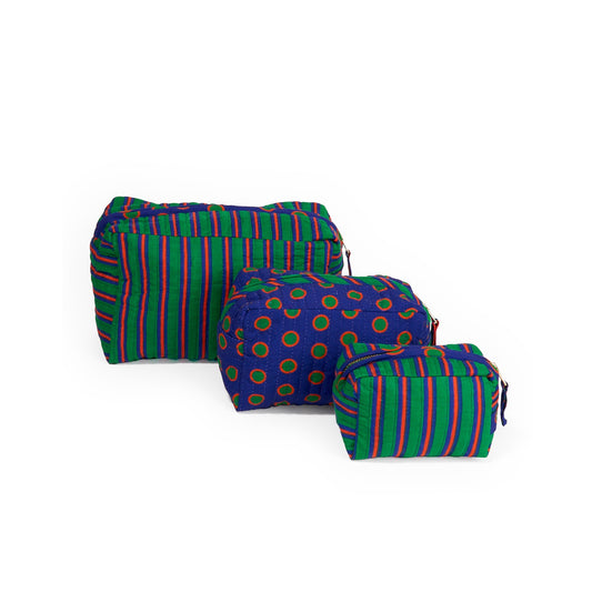 Frenchie 3-Piece Cosmetic Bag Set in Navy + Green by INK + ALLOY
