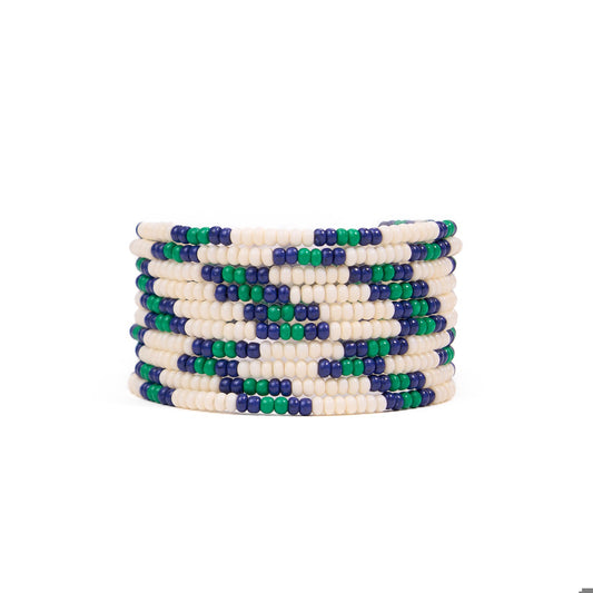 Sage 10-Strand Beaded Stretch Bracelet in Ivory, Navy + Green by INK + ALLOY